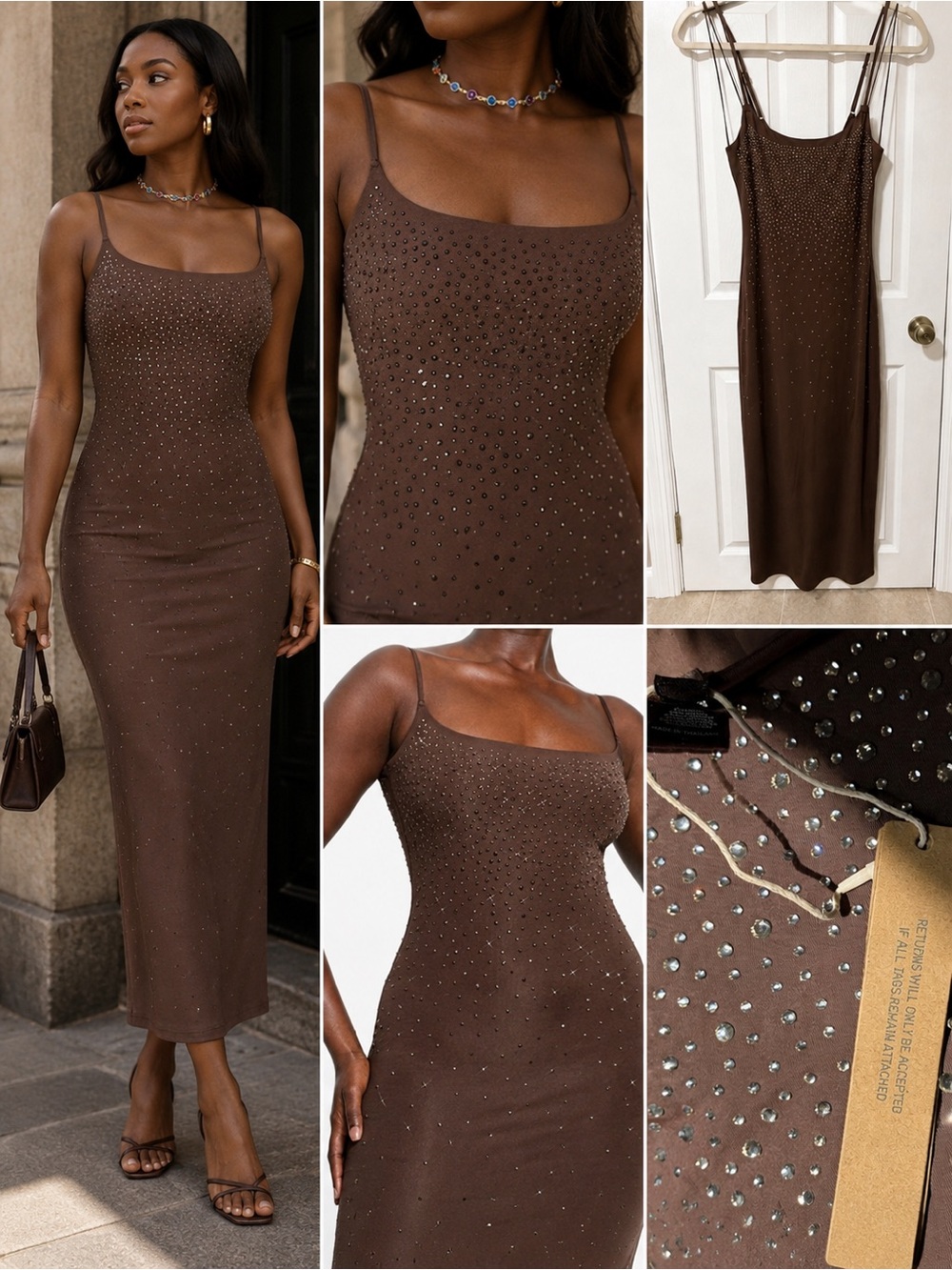 SKIMS x Swarovski Soft Lounge Crystal Slip Dress – Cocoa Brown – Size Large